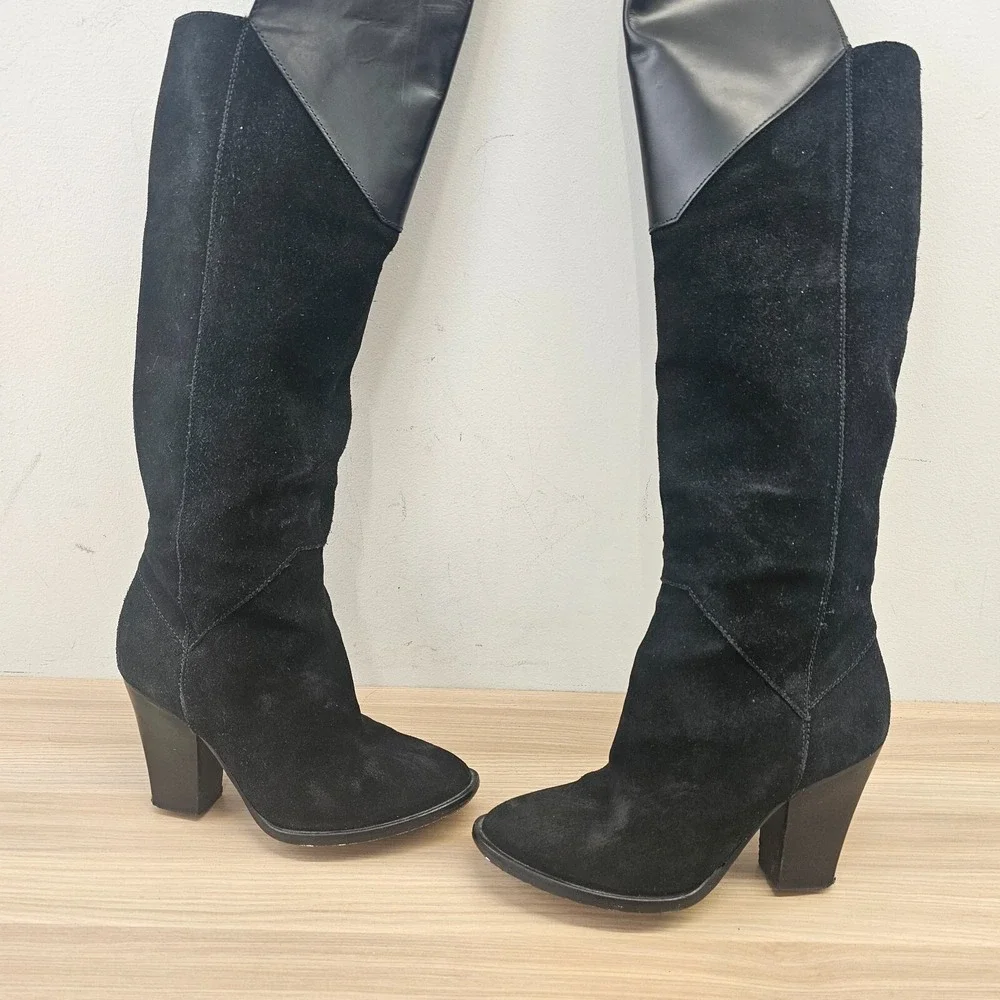 MAJE‎ Edgy Over The Knee Boots Womens 6.5 Black Suede Leather Rock Chic Giuliana